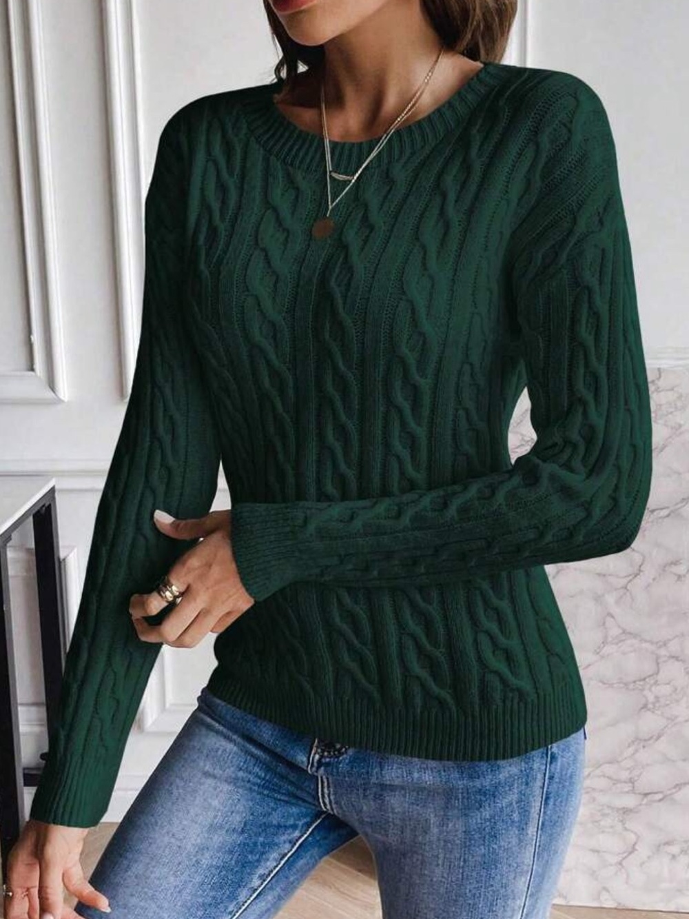 Dark Green Soft Cable Knit Crewneck Sweater